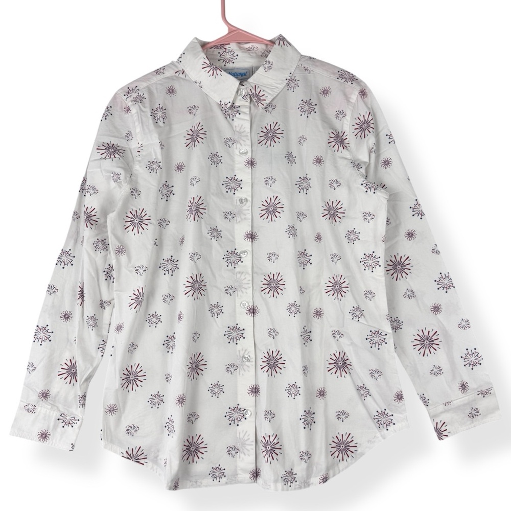 National Button Down Shirt Womens Petite Small PS White Red Blue Fireworks NWT